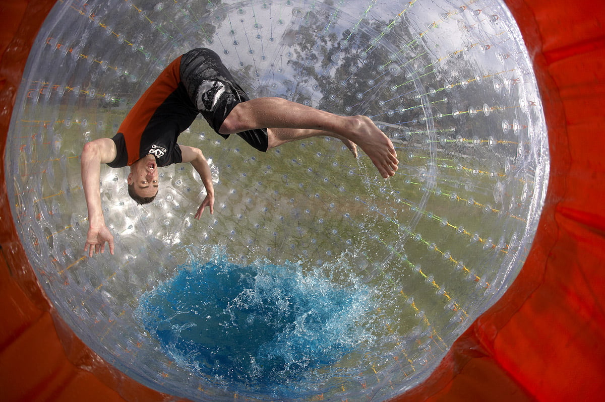 Zorb participants can opt for "hydrozorbing," which involves adding a bucket of water into the mix and sloshing around in the giant ball as it revolves. ***Please note small file size: 1200 pixels by 798 pixels